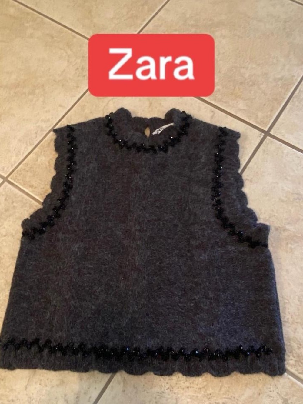 Zara Charcoal Gray Sleeveless Beaded Mock Neck Tank
